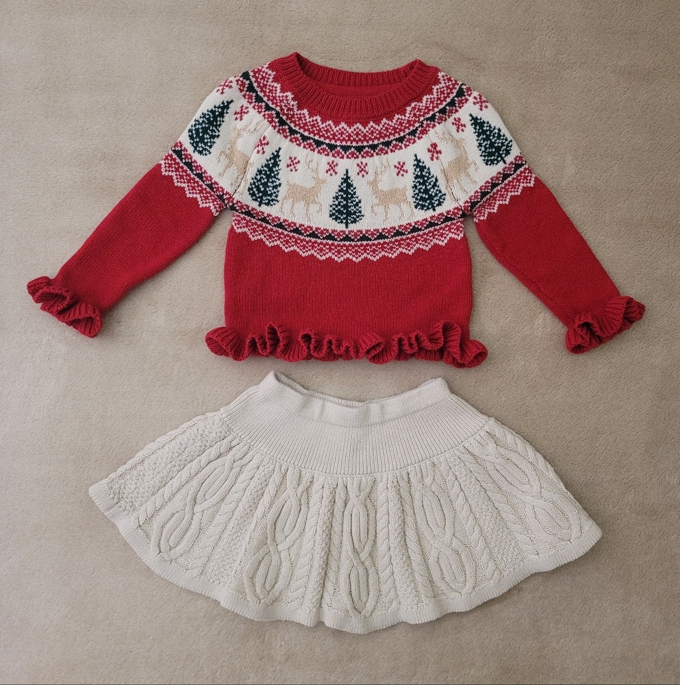 Tahari Baby Girl Red/White/Grn Holiday Knit Sweater & Cream Knit Skirt 18Months